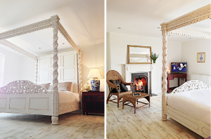 A cosy bedroom, roaring log fire and romantic 4 poster bed at Devon Farmhouse in south Devon, perfect for a weekend away